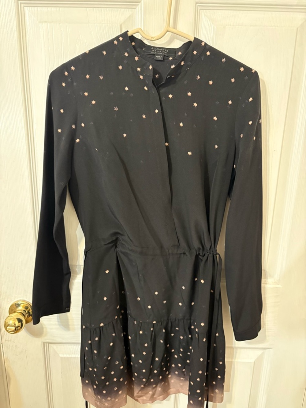 All Saints Black Long Sleeve Star-Print Tie-Waist 100% Silk Dress
